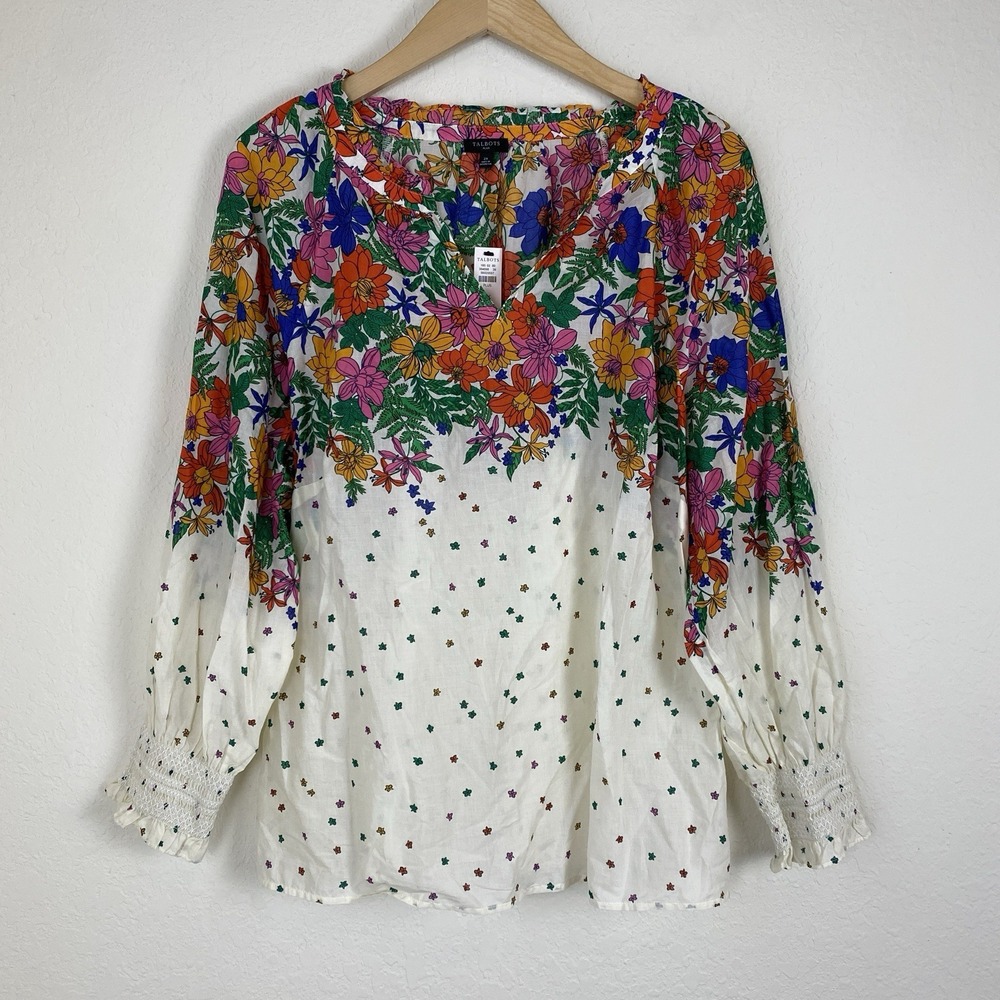 Talbots 2x Floral Blouse Smocked Long Sleeve Spring Cotton Cottagecore NWT